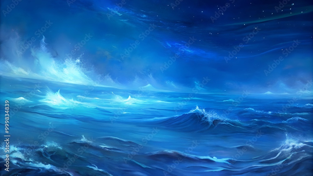 Fototapeta premium Vibrant ocean waves under a night sky, showcasing shades of blue and energy in motion.