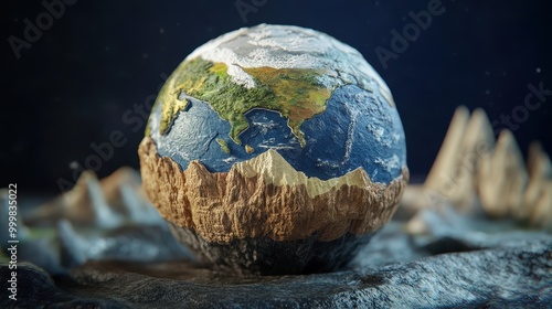 A stylized, three-dimensional representation of Earth, highlighting landmasses and textures against a dark backdrop. photo