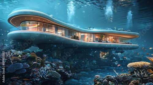 Underwater hotel construction site, luxury hospitality innovation: A luxury underwater hotel is under construction, its design offering guests breathtaking views of marine life while pioneering  photo