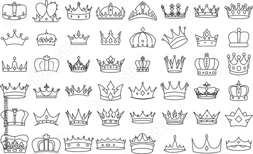 King and Queen Crown icon set for logo and T-Shirt. Thin line art editable stroke.