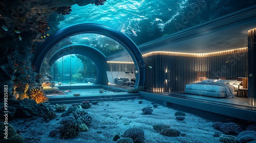 Underwater hotel construction site, luxury hospitality innovation: A luxury underwater hotel is under construction, its design offering guests breathtaking views of marine life while pioneering  photo