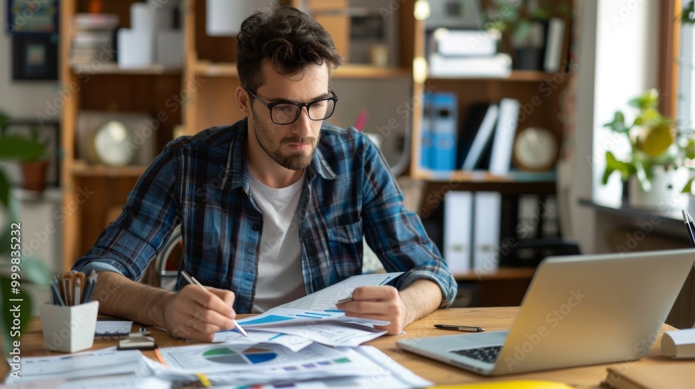 A man is sitting at a desk with a laptop and a stack of papers A man is sitting at a desk with a laptop and a stack of papers