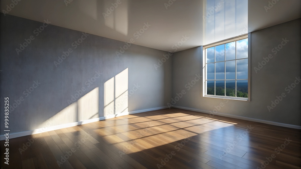 Bright empty room with large window, soft sunlight illuminating wooden floor, serene ambiance. Bright empty room with large window, soft sunlight illuminating wooden floor, serene ambiance.