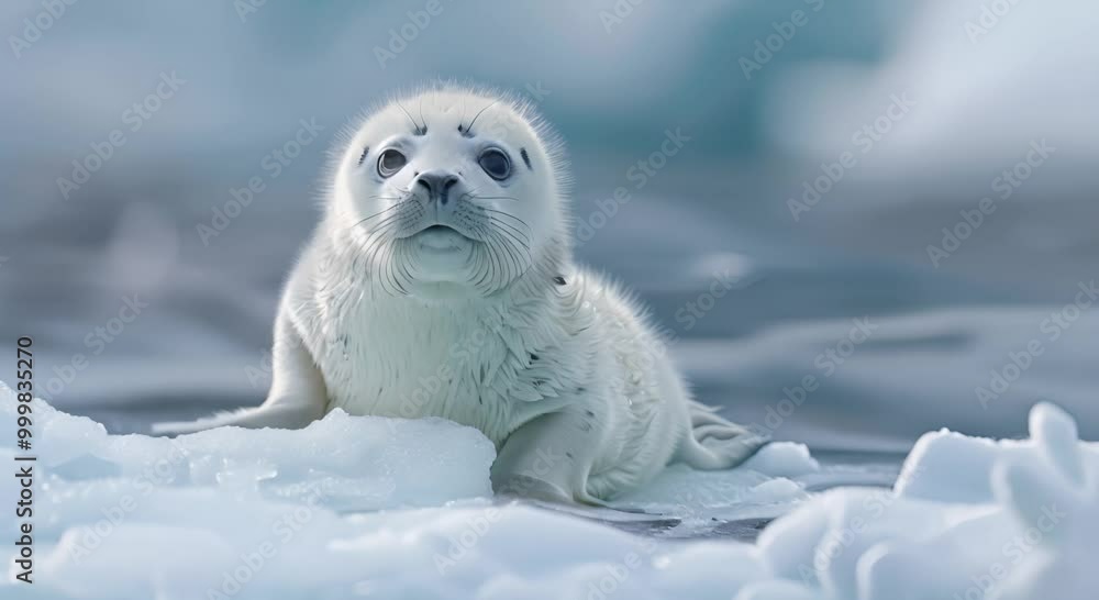 A white seal pup rests on a large, white ice floe in the Arctic A white seal pup rests on a large, white ice floe in the Arctic