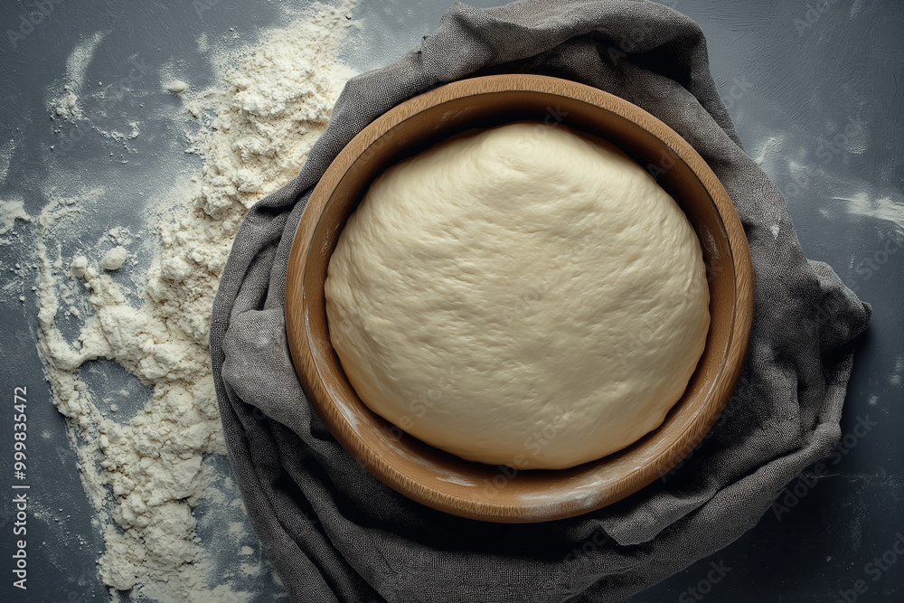 Rising dough in a wooden bowl with flour on the table, perfect for baking concepts, homemade bread, and culinary photography with rustic, organic style Rising dough in a wooden bowl with flour on the table, perfect for baking concepts, homemade bread, and culinary photography with rustic, organic style
