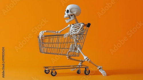 Playful skeleton racing with a shopping cart against a vibrant orange background.