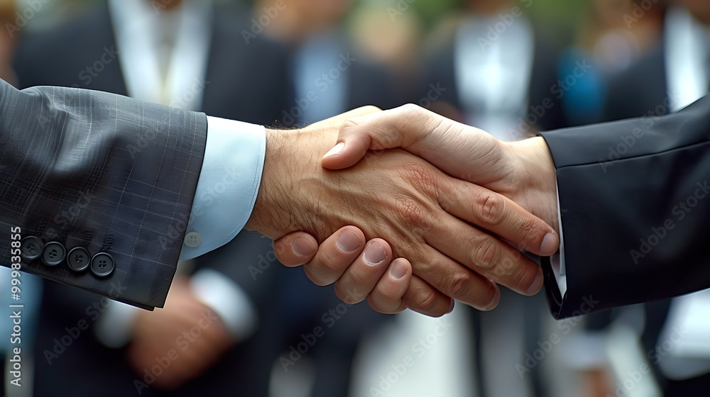 Signing of major business merger, CEOs shaking hands: The CEOs of two major companies shake hands in front of cameras and legal documents, marking the successful signing of a significant business Signing of major business merger, CEOs shaking hands: The CEOs of two major companies shake hands in front of cameras and legal documents, marking the successful signing of a significant business