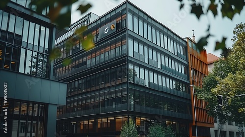 Sleek company logo on modern office building facade: A sleek and modern company logo is prominently displayed on the facade of a contemporary office building, reflecting the brand’s cutting-edge  photo