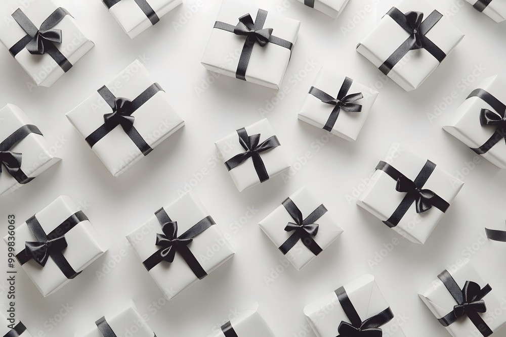 Simple, clean gift boxes with geometric ribbons, placed randomly on a pure white canvas Simple, clean gift boxes with geometric ribbons, placed randomly on a pure white canvas
