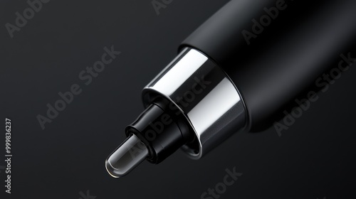 Close-up of a matte black serum bottle with silver detailing, showing off its sleek design. No people. No logo.