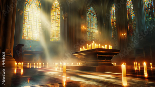 Photorealistic burial urn on an altar within a majestic temple, surrounded by flickering candles. Sunlight filters through vibrant stained glass, casting colorful patterns on the floor