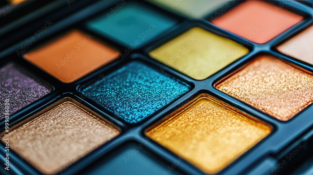Close-up of a metallic eyeshadow palette with bold shades, no branding, highlighting the vibrant pigments, no people. Close-up of a metallic eyeshadow palette with bold shades, no branding, highlighting the vibrant pigments, no people.