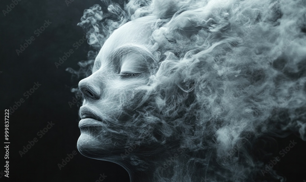 Serene face wrapped in ethereal smoke or mist. Serene face wrapped in ethereal smoke or mist.