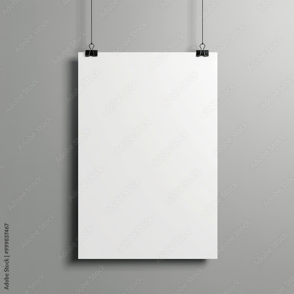 A blank white poster mockup hanging black clips against Soft grey background A blank white poster mockup hanging black clips against Soft grey background
