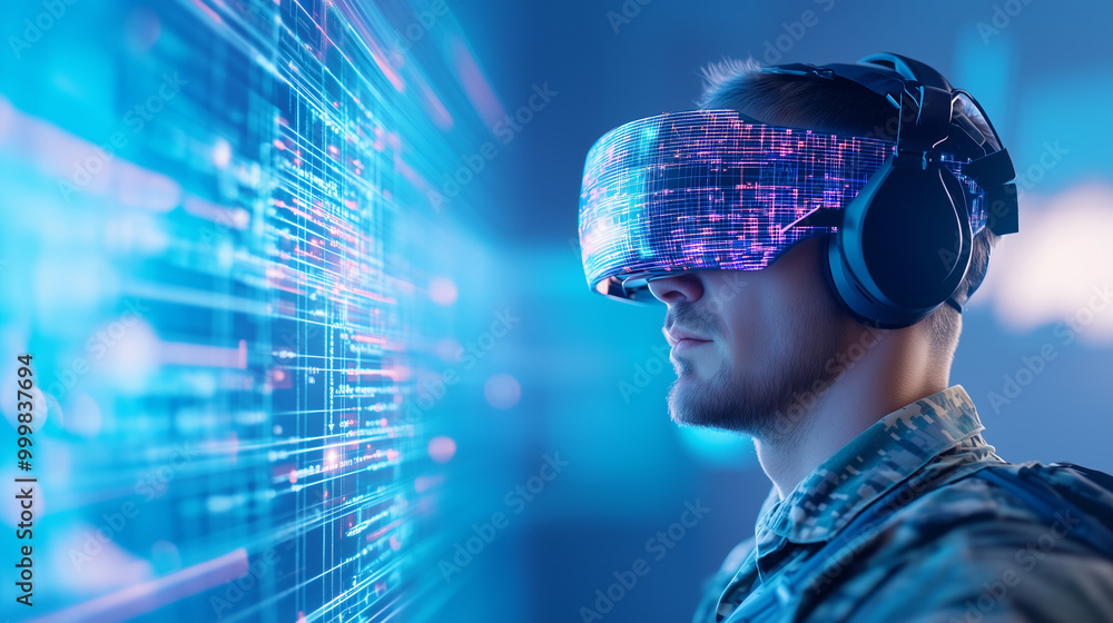 High-tech combat training with augmented reality for modern soldiers A military operative, dressed in full combat uniform, is engaged in a training session using virtual and augmen High-tech combat training with augmented reality for modern soldiers A military operative, dressed in full combat uniform, is engaged in a training session using virtual and augmen