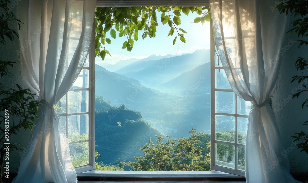 Scenic Mountain View through Open Window in Morning Light Scenic Mountain View through Open Window in Morning Light