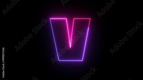 Animated neon capital english letter V. Two-color trendy glowing loop neon alphabet letter V. Educational concept with neon letter with black background.