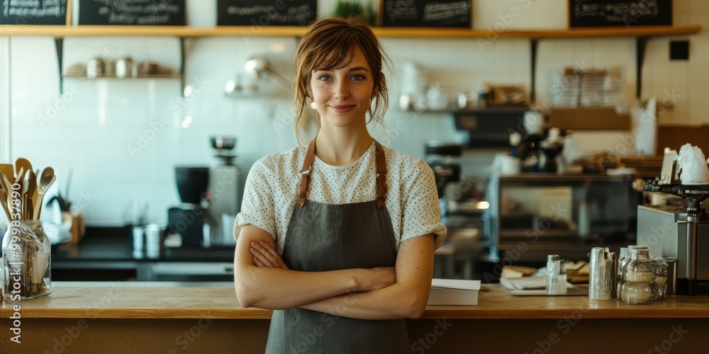 A confident barista stands proudly behind the counter of a cozy coffee shop, showcasing her dedication to quality and customer service. A confident barista stands proudly behind the counter of a cozy coffee shop, showcasing her dedication to quality and customer service.