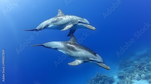 Two graceful dolphins swim together in a vibrant blue ocean.