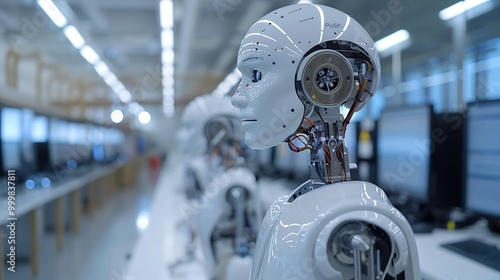 Humanoid robot production facility, advanced robotics business: A state-of-the-art facility produces humanoid robots, combining advanced robotics and AI to create machines capable of complex 