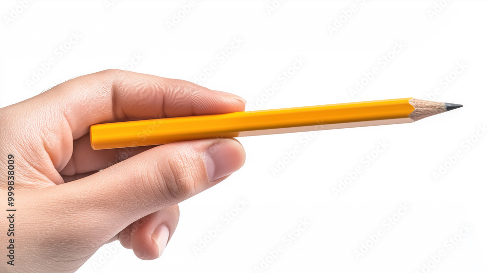 Hand holding a sharpened yellow pencil on a white background, symbolizing creativity, education, and writing, perfect for school and office-related themes Hand holding a sharpened yellow pencil on a white background, symbolizing creativity, education, and writing, perfect for school and office-related themes