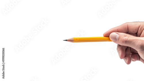 Hand holding a sharpened yellow pencil on a white background, symbolizing creativity, education, and writing, perfect for school and office-related themes