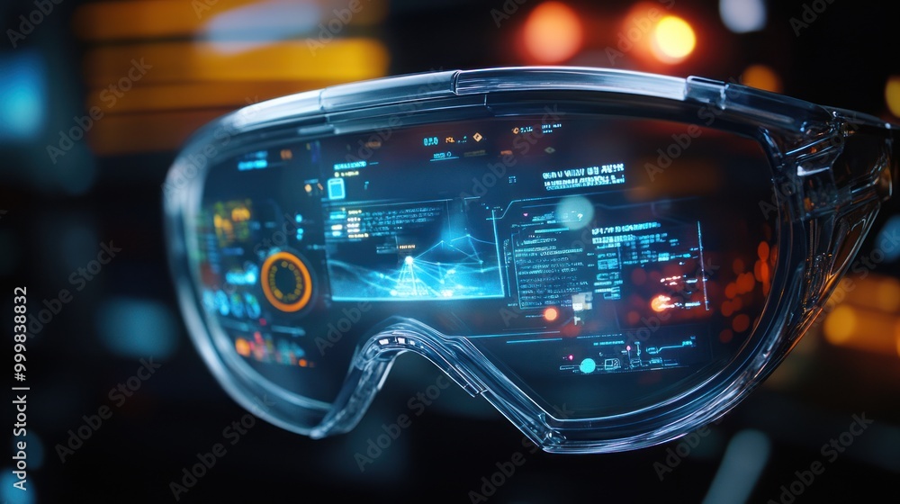 Augmented reality (AR) display with smart glasses and mixed-reality visuals, overlaying digital content onto the real world. Augmented reality (AR) display with smart glasses and mixed-reality visuals, overlaying digital content onto the real world.