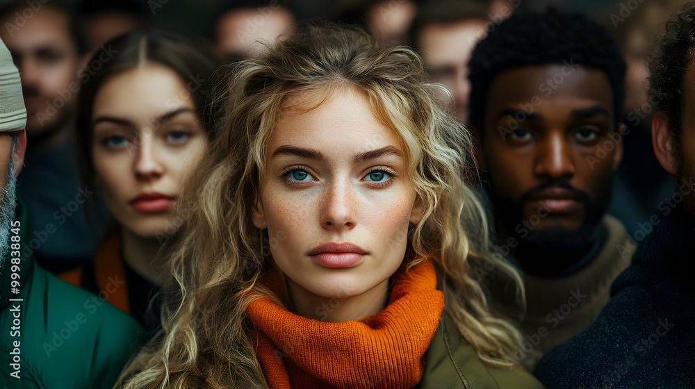 Close-Up Portrait of Woman with Blue Eyes and Freckles in Crowd Close-Up Portrait of Woman with Blue Eyes and Freckles in Crowd