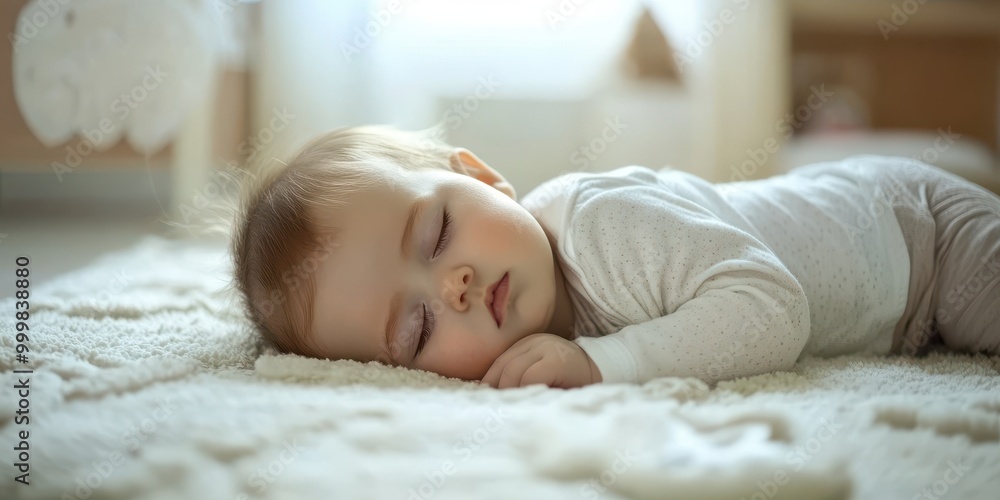 A peaceful baby sleeping on a soft blanket, exuding tranquility and innocence in a cozy environment. A peaceful baby sleeping on a soft blanket, exuding tranquility and innocence in a cozy environment.