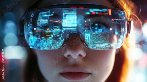 Augmented reality (AR) display with smart glasses and mixed-reality visuals, overlaying digital content onto the real world.