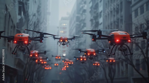 Drone delivery service headquarters, fleet management: The headquarters of a drone delivery service hums with activity as a team manages the fleet, coordinating efficient and timely deliveries 