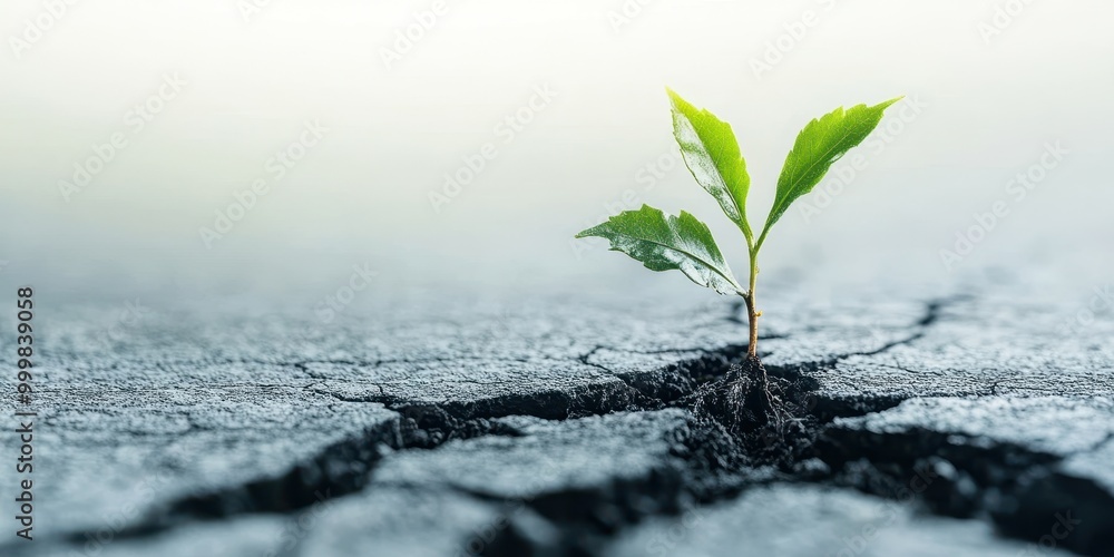 A resilient plant emerging from cracked soil, symbolizing hope and renewal in a harsh environment. A resilient plant emerging from cracked soil, symbolizing hope and renewal in a harsh environment.