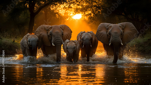 Elephants Walk Through Wate...