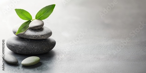 A serene composition of smooth stones stacked with fresh green leaves, symbolizing balance and tranquility in nature.