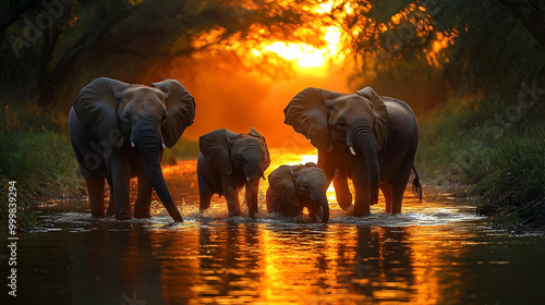 Elephant Family Crossing Ri...