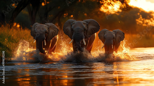 Elephants Running Through W...
