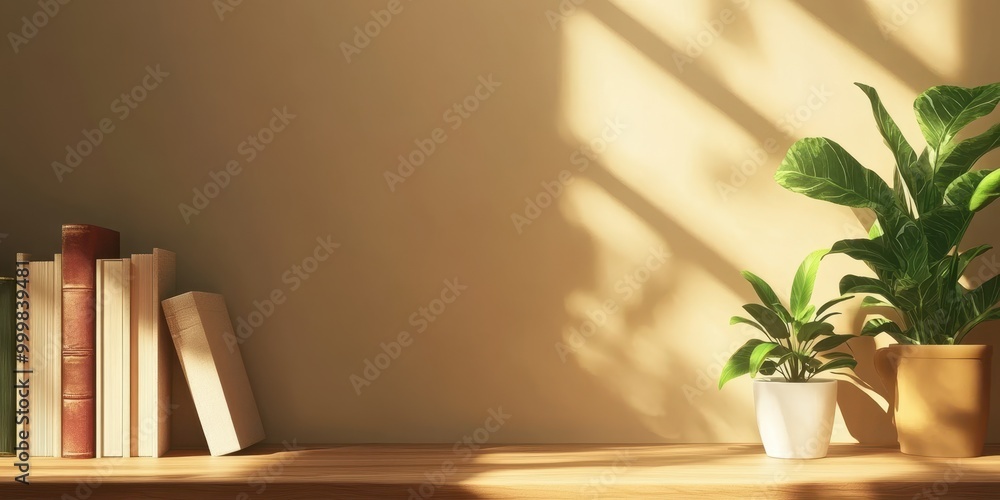 A serene shelf with books and a lively plant, casting gentle shadows on a warm wall, perfect for home decor or relaxation themes. A serene shelf with books and a lively plant, casting gentle shadows on a warm wall, perfect for home decor or relaxation themes.