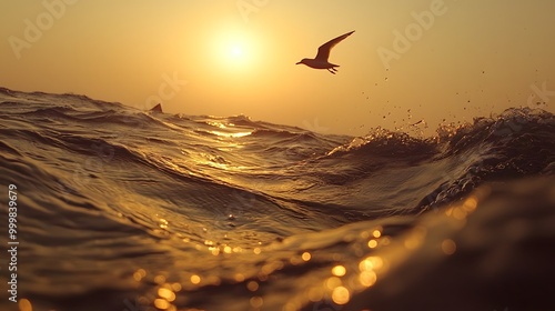 A serene sunset over the ocean with waves and a bird gliding through the golden light. photo