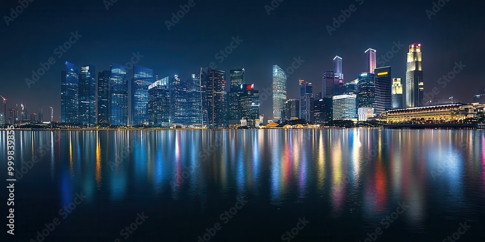 Naklejka premium A stunning nighttime cityscape reflecting vibrant lights on water, showcasing modern architecture and a serene urban atmosphere.