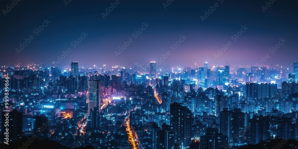 Obraz premium A stunning nighttime cityscape featuring illuminated skyscrapers and vibrant lights against a dark sky, showcasing urban living.