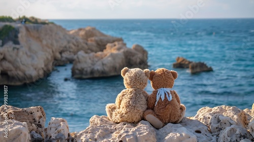 Hugging teddy bears in swimsuits sitting on sea cliff in front of the bay sea cyprus