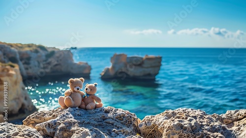 Hugging teddy bears in swimsuits sitting on sea cliff in front of the bay sea cyprus