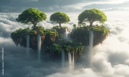 Floating Islands in the Clouds with Waterfalls