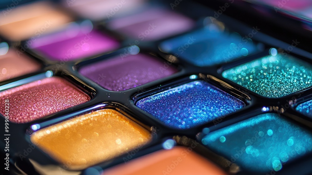 Close-up of a vibrant eyeshadow palette with metallic finish, no logo, focus on the pigment intensity, no people. Close-up of a vibrant eyeshadow palette with metallic finish, no logo, focus on the pigment intensity, no people.