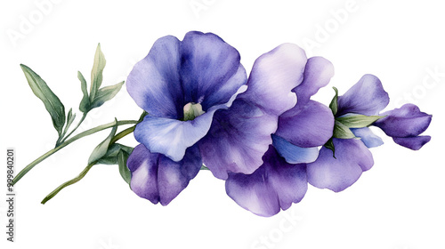 Watercolor sweet pea, soft purple hues, isolated on white, delicate shading, minimalistic floral design., ready to bring joy to any space , cartoon drawing, water color style