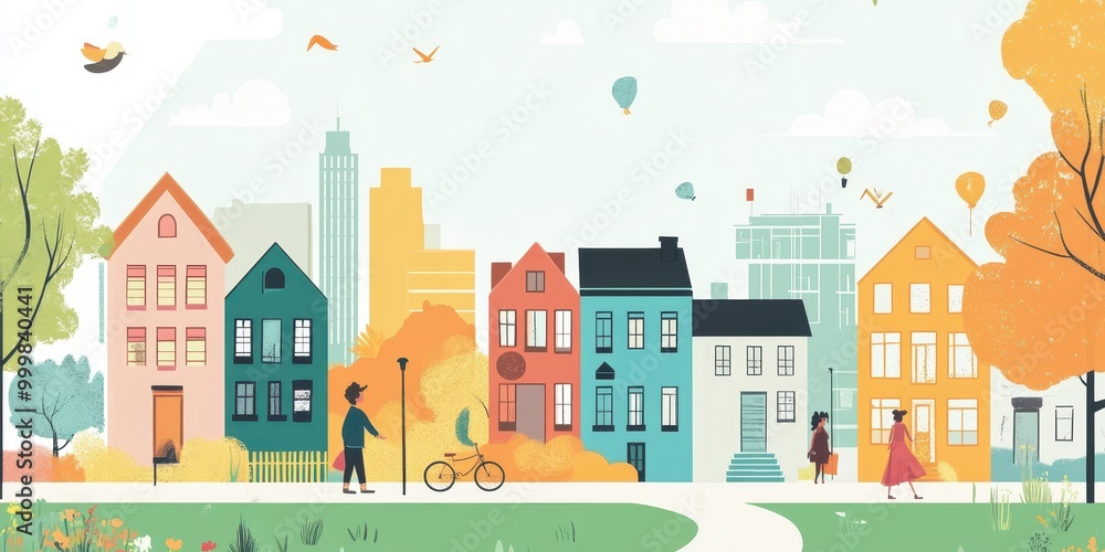 A vibrant urban scene featuring colorful houses, trees, and people enjoying a sunny day in a lively neighborhood. A vibrant urban scene featuring colorful houses, trees, and people enjoying a sunny day in a lively neighborhood.