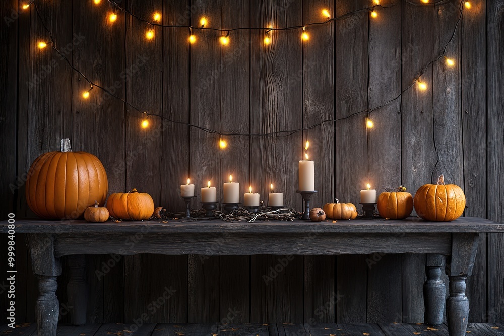 Obraz premium Pumpkins and candles on a wooden table. Thanksgiving holiday and autumn harvest festival concept. 