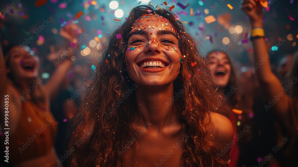 A group of people dance and celebrate under a shower of colorful confetti, with the air filled with the joy and excitement of New Years Eve A group of people dance and celebrate under a shower of colorful confetti, with the air filled with the joy and excitement of New Years Eve