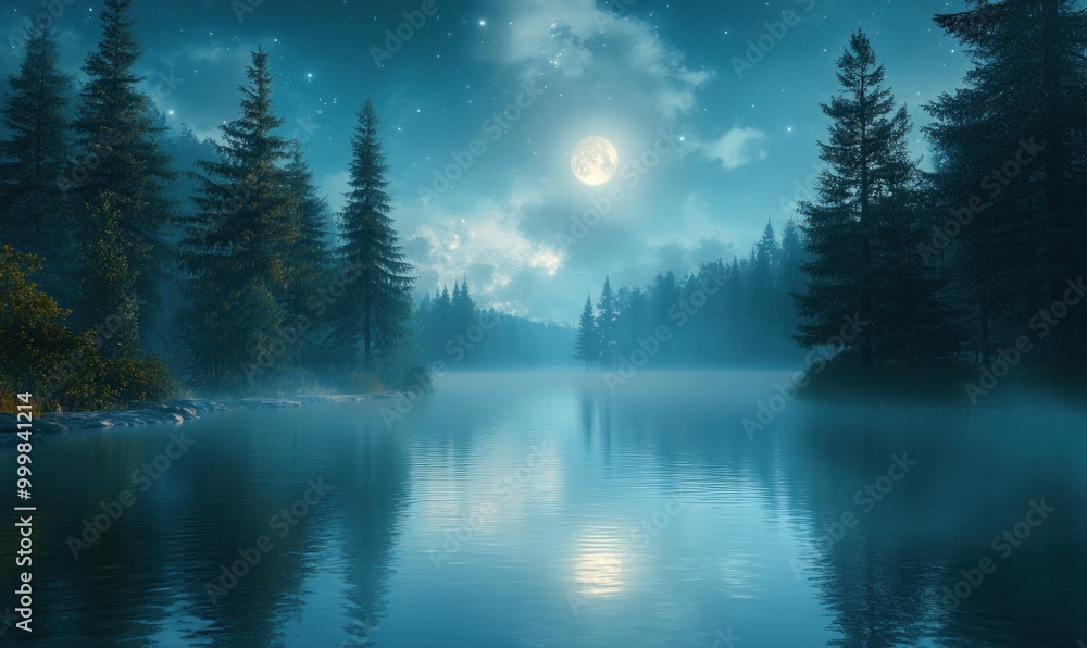 Fototapeta premium Tranquil Moonlit Forest Lake Landscape