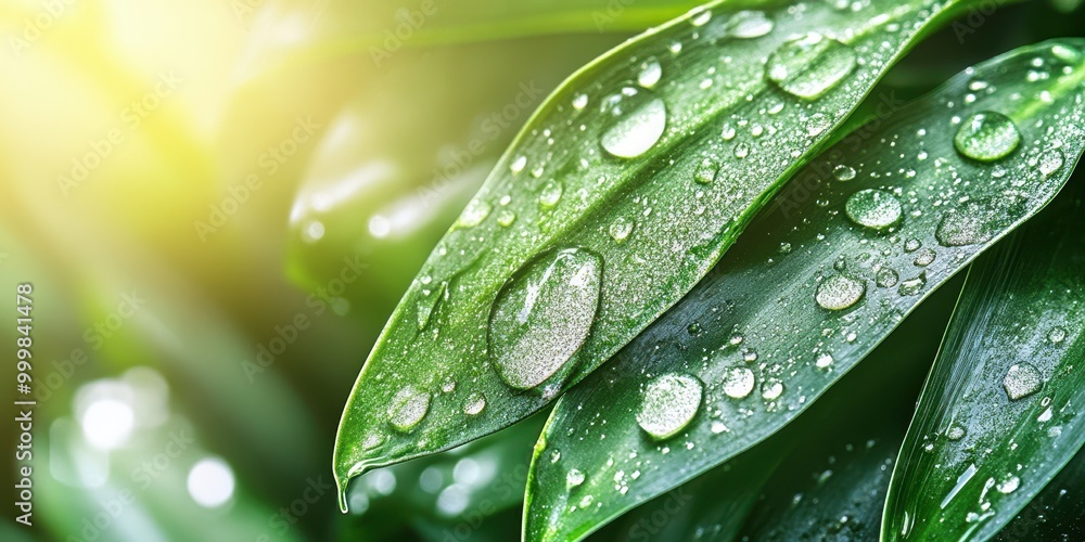 Close-up of green leaves adorned with fresh water droplets. Captivating natural beauty illuminated by soft sunlight. Close-up of green leaves adorned with fresh water droplets. Captivating natural beauty illuminated by soft sunlight.
